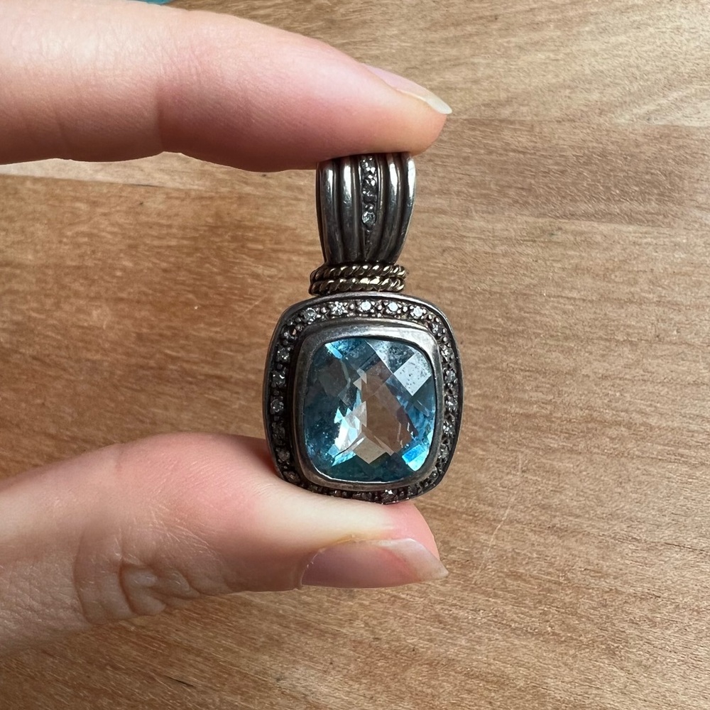 Vintage diamond 925 Sterling silver 14k gold blue topaz SADYE L VASSIL pendant